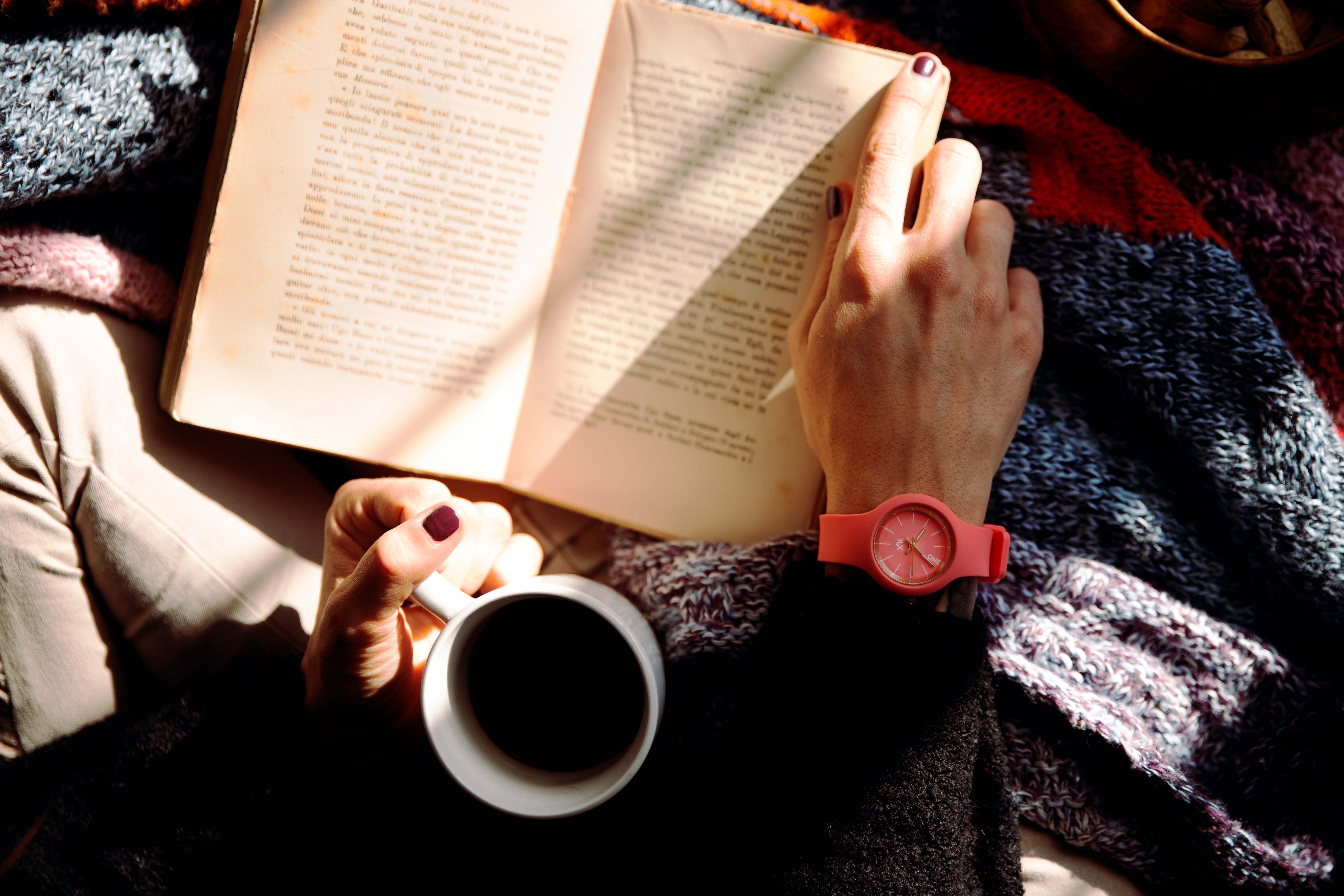 a shot from above of a person sitting on a blanket, one hand about the turn the page of a book, the other hand holding a mug.